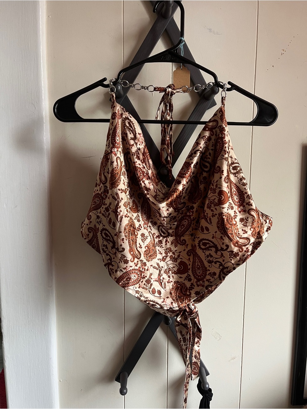 Streetwear Society Paisley Satin Tie-Back Halter Top in Cream and Brown